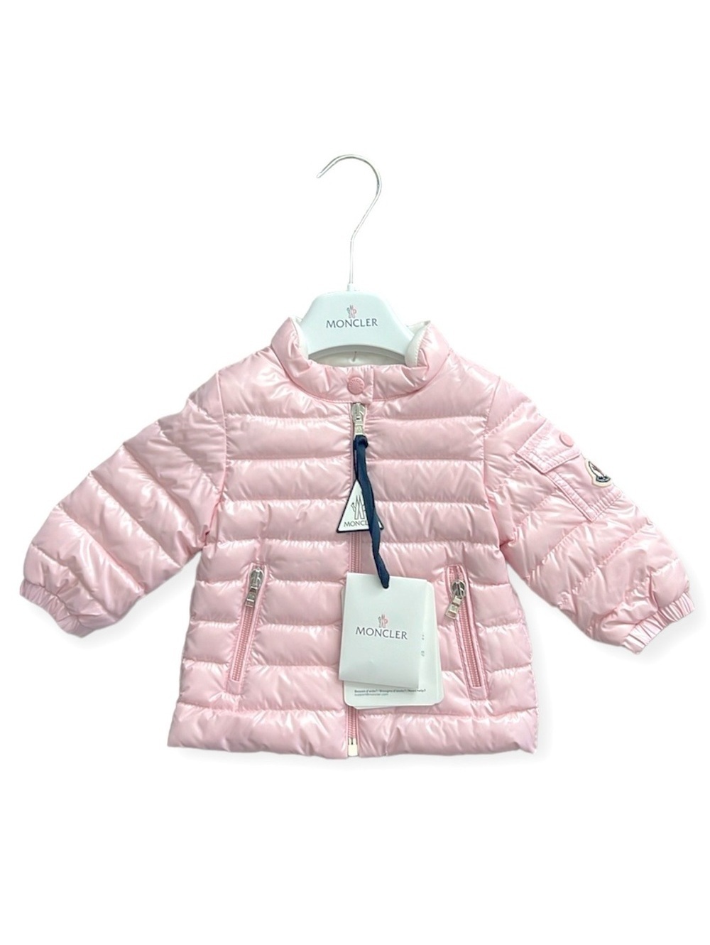 MONCLER Paulas Down Logo-Patch Sleeve Jacket, Pink Girl’s Size 6-9M New w/Tag